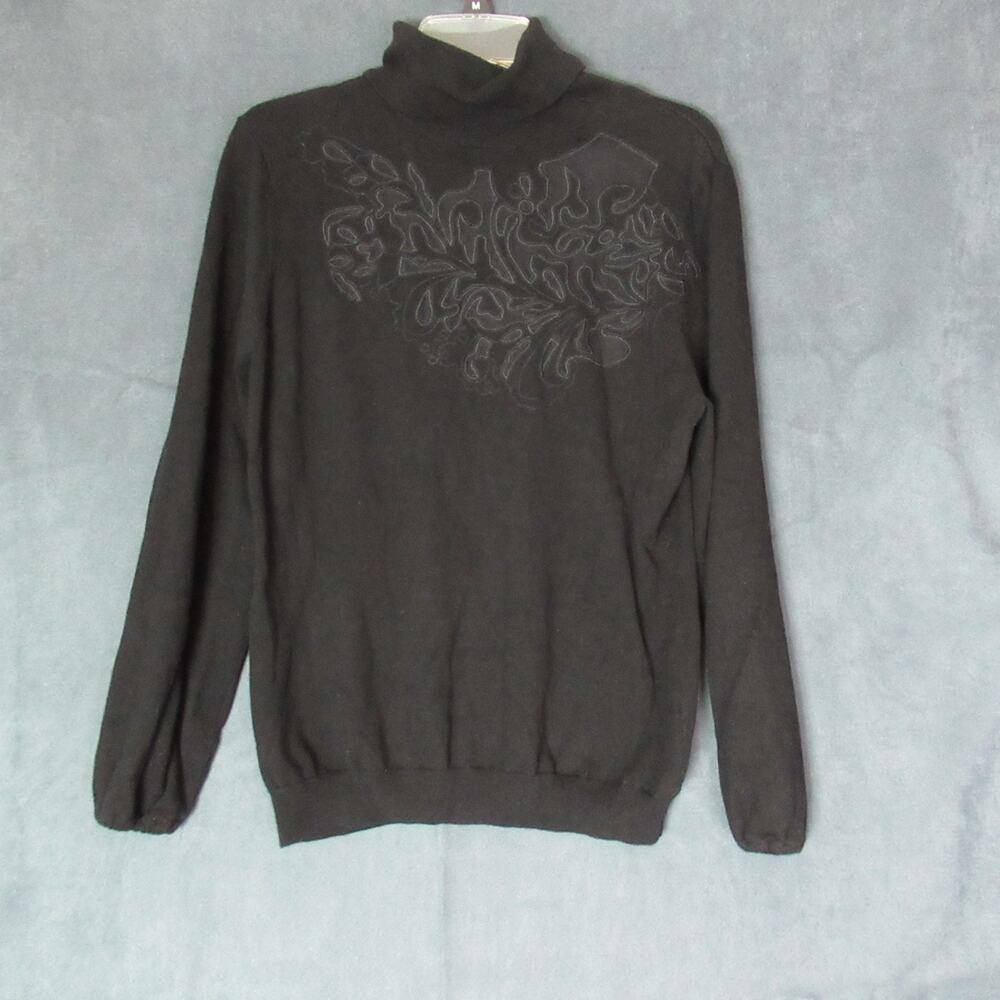 Boston Proper Ribbed Turtleneck Large Black Coquette Dainty Lace Illusion Neck